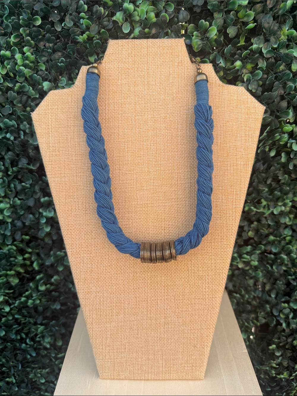 Braided Blue Rope Necklace with Antique Brass Rings